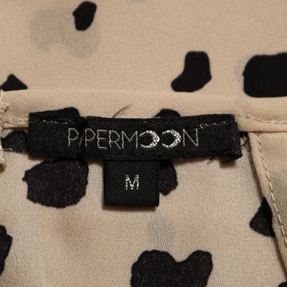 Papermoon Stitch Fix Animal Spot Blouse Sheer Tie Cuff 3/4 Sleeve Beige Black M - Picture 6 of 8